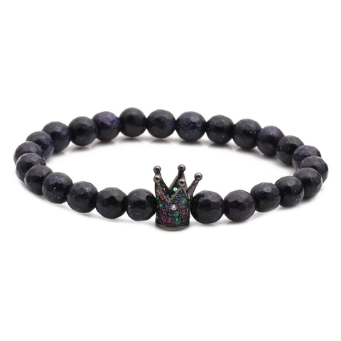 Bracciale Perline In Pietra Sand Blu Sfaccettata Con Corona In Rame Zircone Cilindro Ciondolo Effetto Stellato Uomo Donna