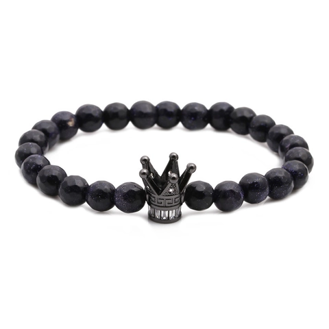 Bracciale Perline In Pietra Sand Blu Sfaccettata Con Corona In Rame Zircone Cilindro Ciondolo Effetto Stellato Uomo Donna