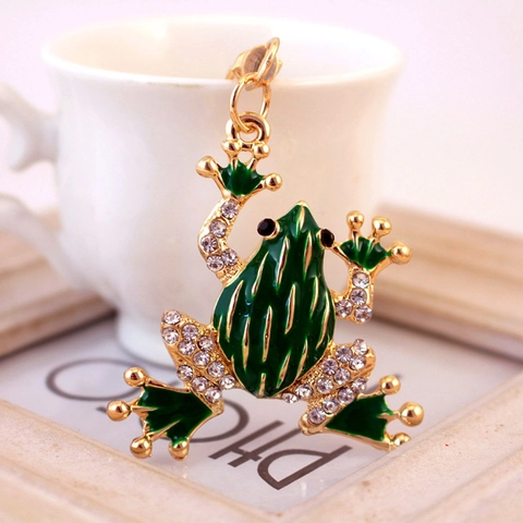 Portachiavi Creativo in Metallo a Forma di Rana Verde Cartone Animato Con Strass Intarsiato Lega di Zinco per Donna