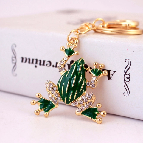 Portachiavi Creativo in Metallo a Forma di Rana Verde Cartone Animato Con Strass Intarsiato Lega di Zinco per Donna