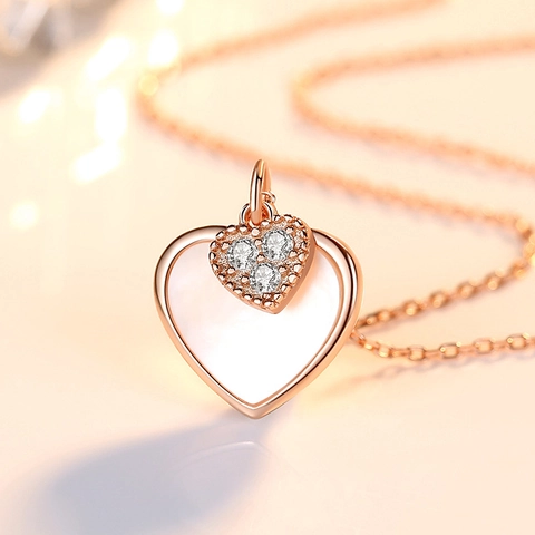Collar Con Colgante de Doble Corazón de Plata de Ley 925 para Mujer Con Nácar y Diamantes de Imitación Joyería de Cadena