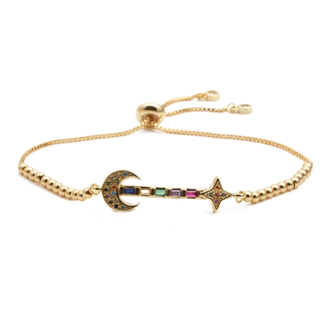 Pulsera Ajustable Luna Estrella Celestial Cobre Micro Pavé Circonita Cúbica Colorida Joyería Boho De Moda Regalo Mujer