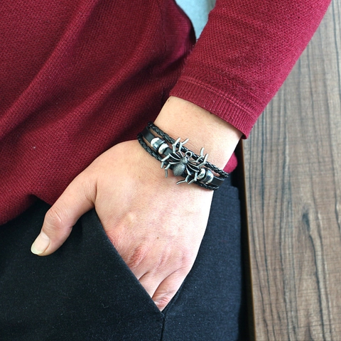 Bracciale In Pelle Da Uomo Vintage Cordino Intrecciato Ciondolo Ragno In Metallo Gioielli Da Polso Punk Gotico Accenti In Lega