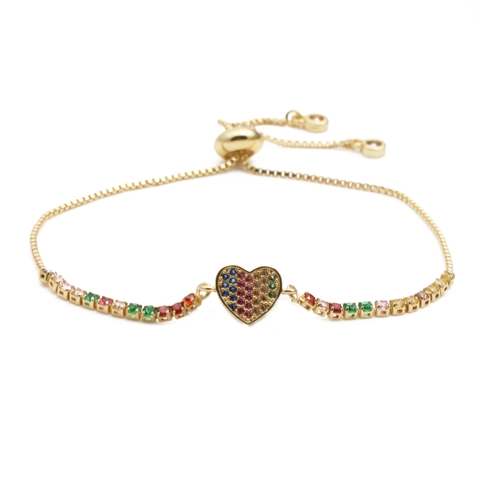 Heart Bracelet Copper Micro Pave Colorful Zirconia Adjustable Chain Fashion Jewelry For Women Rainbow Charm