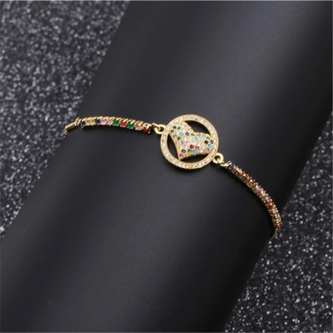 Heart Bracelet Copper Micro Pave Colorful Zirconia Adjustable Chain Fashion Jewelry For Women Rainbow Charm