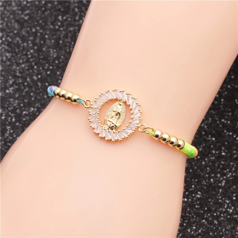 Pulsera De Colgante Redondo Virgen María Religiosa Cobre Micro Pave Circonita Cuerda De Color Ajustable Cuenta Mujer