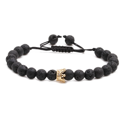 Zwarte Vulkanische Lavasteen Kralen Armband Met Koperen Kroon Hanger Zirkoon Verstelbare Geweven Touw Sieraden Voor Mannen Vrouwen