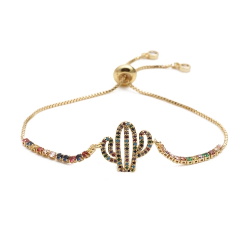 Copper Cactus Charm Bracelet With Colorful Micro Pave Zircon Adjustable Chain Fashion Jewelry For Women Men Unisex