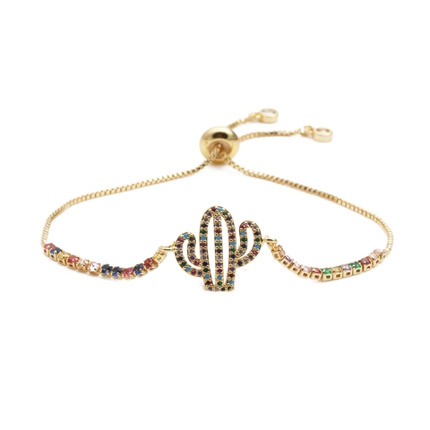 Copper Cactus Charm Bracelet With Colorful Micro Pave Zircon Adjustable Chain Fashion Jewelry For Women Men Unisex