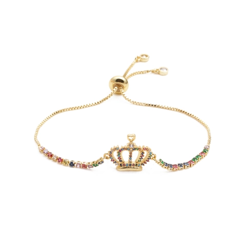 Adjustable Bracelet Copper Micro Pave Zircon Crown Design Sliding Buckle Jewelry For Men And Women Fashion Accessory Rainbow