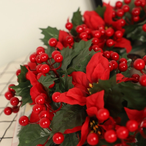 Artificial Christmas Wreath With Red Berries Poinsettia Flowers And Green Leaves For Holiday Home Door Decoration