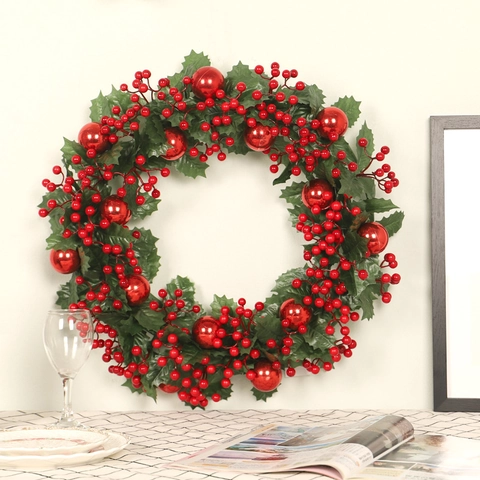 Künstlicher Weihnachtskranz Mit Grünen Blättern Roten Beeren Bällen Für Tür Wand Fenster Hängende Festliche Haus Dekoration