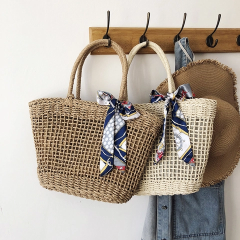Damen Gewebte Stroh-Tragetasche Sommer Strand Hohle Maschen Handtasche Mit Dekorativem Satinnschal Reißverschluss