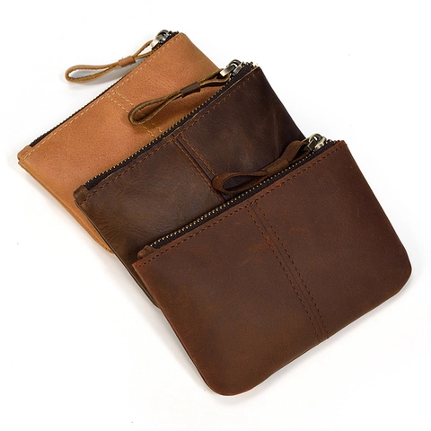Vintage Crazy Horse Genuine Cowhide Leather Coin Purse Zipper Wallet Minimalist Card Holder Pouch For Men And Women
