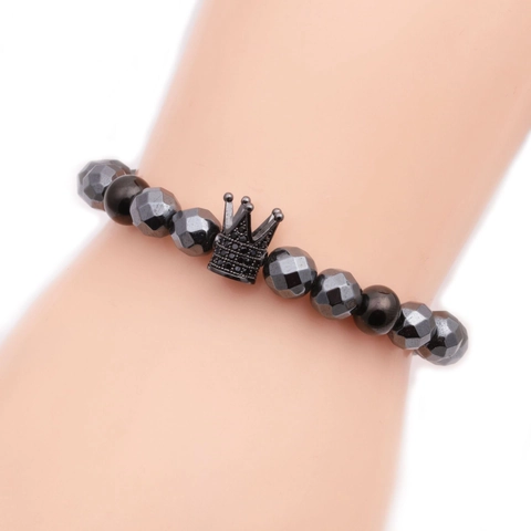 Men Beaded Bracelet Faceted Hematite Natural Stone Elastic Alloy Crown Charm Rhinestone Punk Fashion Jewelry