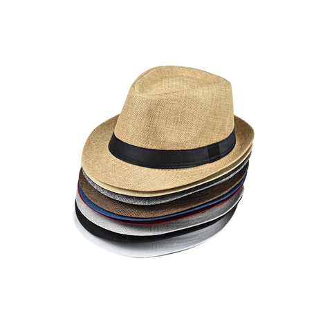 Klassieke Heren Dames Geweven Fedora Hoed Zonbescherming Zomer Strand Trilby Panama Hoed Met Zwarte Lint Decoratie Effen Kleur