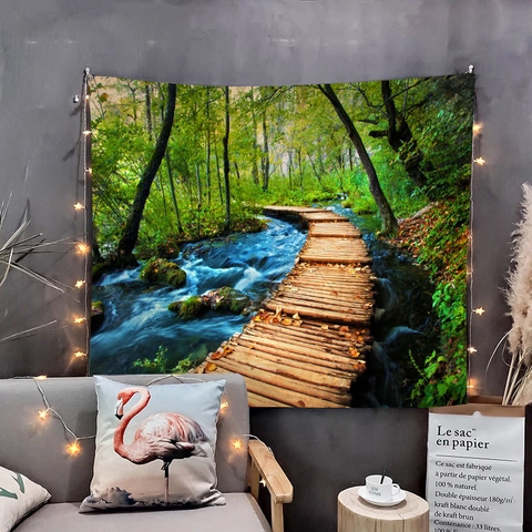 Tapiz De Pared De Paisaje Natural Poliéster Bosque Árboles Cascada Patrón Manta Colgante Hogar Dormitorio Decoración