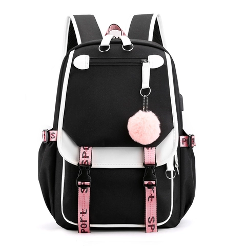 Mode Rugzak Hoge Dichtheid Nylon USB Oplaadpoort Schooltas Contrastkleur Casual Reizen Laptopvak Met Bontbal Decoratie