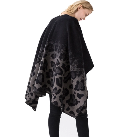Leopard Muster Schal Poncho Damen Mode Gestrickt Wickelmantel Cape Vorne Offen Geometrisch Warm Fransen Polyester Viskose Mischung