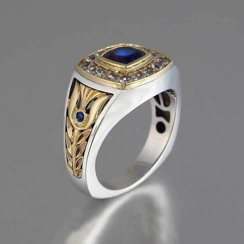 Anello Uomo Retrò Bicolore Rame Quadrato Blu Zirconia Cubica Motivo Inciso Vintage Business Gioielli Moda Accessorio