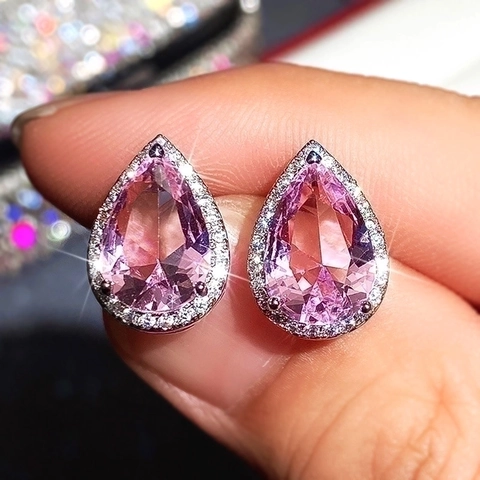Pear Shaped Stud Earrings Copper Pink Zircon Halo Waterdrop Elegant Jewelry For Women Valentine Gift