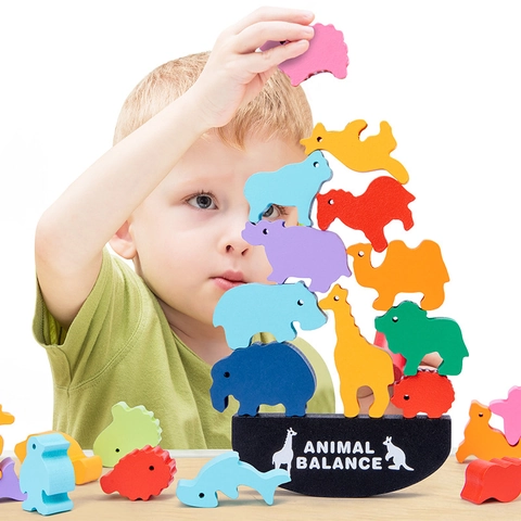 Wooden Animal Balance Stacking Blocks Toy Colorful Montessori Dinosaur Marine World Educational Game For Toddlers Boys Girls
