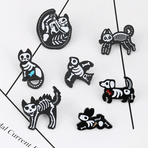 Animal Skeleton Enamel Pin Zinc Alloy Gothic X-Ray Cat Dog Rabbit Bird Brooches Dark Cute For Backpacks