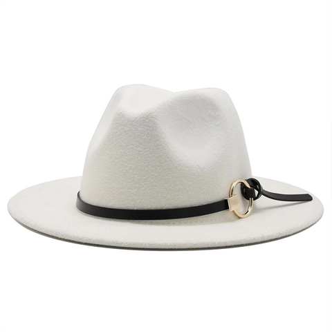 Classic Fedora Hat Wool Felt Wide Brim Jazz Cap With Faux Leather Belt Metal Ring Buckle Elegant Unisex Headwear