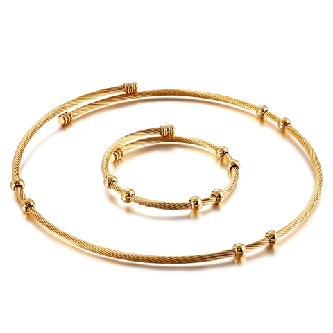 Minimalist Stainless Steel Jewelry For Women Twisted Cable Wire Torque Necklace And Open Cuff Bracelet With Beads
