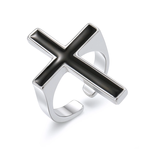 Anello Croce Da Uomo Argento Nero Smalto Gocciolamento Olio Gotico Punk Religioso Regolabile Aperto Gioielli