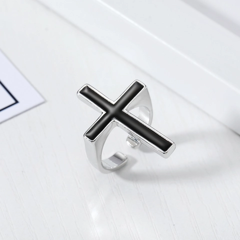 Anello Croce Da Uomo Argento Nero Smalto Gocciolamento Olio Gotico Punk Religioso Regolabile Aperto Gioielli