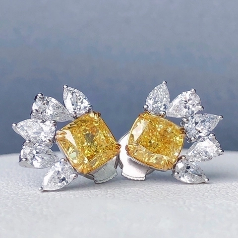 Luxury Cushion Cut Yellow Zircon Stud Earrings Copper With Pear Cut White Zircon Elegant Flower Wing Shape Jewelry