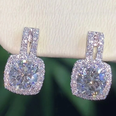 Copper Cubic Zirconia Stud Earrings With Copper Earring Post Halo Design Square Sugar Cube Shape For Women Fashion Jewelry