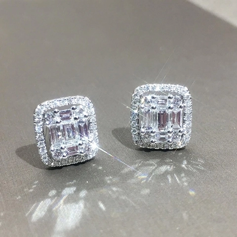 Square Halo Stud Earrings Luxury Copper Cubic Zirconia Emerald Cut Elegant Shiny Geometric Jewelry For Women