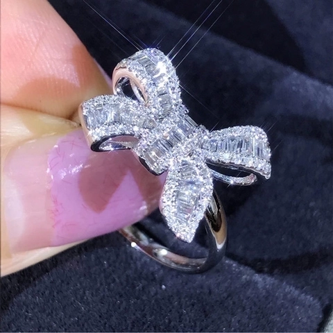 Bowknot Ring Copper Zirconia Inlaid Elegant Sweet Baguette Cut Shiny Cubic Zirconia Finger Jewelry For Women Girls