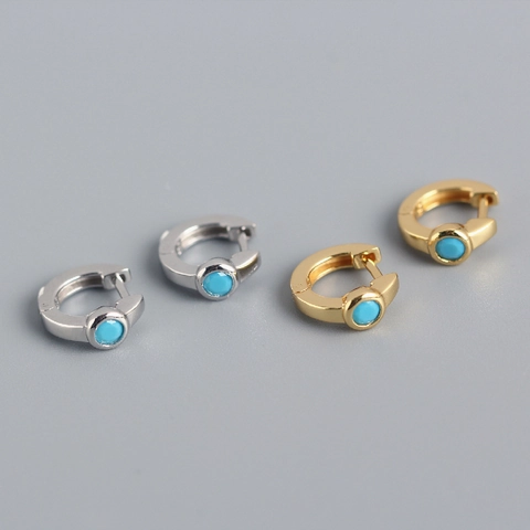 925 Sterling Silver Huggie Hoop Earrings Round Turquoise Geometric Ins Style Minimalist Gold Plated Jewelry Women