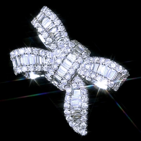 Bowknot Ring Copper Zirconia Inlaid Elegant Sweet Baguette Cut Shiny Cubic Zirconia Finger Jewelry For Women Girls