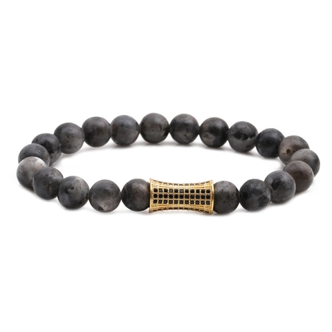 Pulsera De Cuentas De Piedra Labradorita Natural Con Dije Cilíndrico De Cobre Micro Pavé Zircón Joyería Elástica De Tendencia