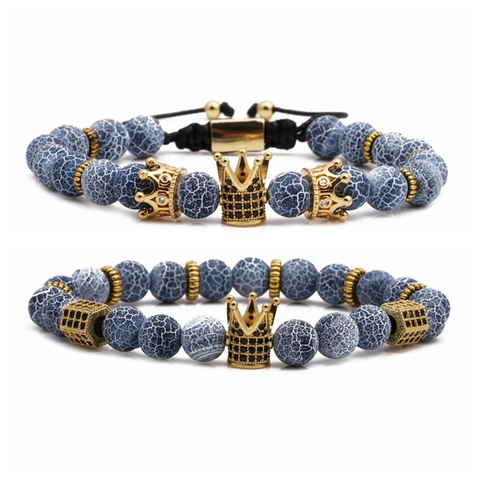 Pulseras De Cuentas De Piedra Natural Con Dije De Corona Para Hombre Mujer Accesorio De Cobre Circón Joyería De Moda