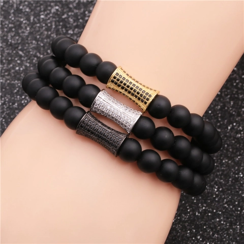 Pulsera De Cuentas De Piedra Negra Mate Con Espaciador De Cobre Circonita Micro Pavé Joyería Hecha A Mano