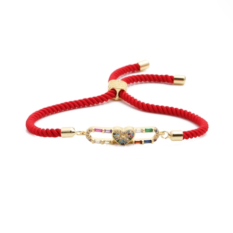 Copper Heart Bracelet Micro Pave Colorful Cubic Zirconia Adjustable Slider Jewelry For Women Valentine Gift