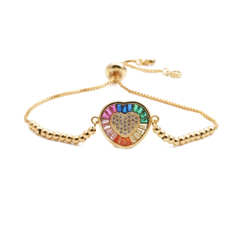 Bracelet Pendentif Cœur Cuivre Micro Pavé Zircon Arc-en-ciel Coloré Ajustable Chaîne Bolo Bijoux Cadeau Pour Femmes