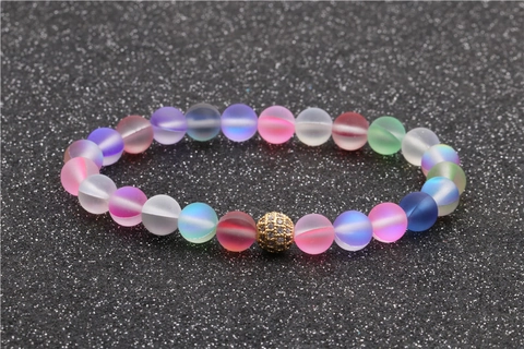 Frosted Moonstone Style Beaded Bracelet Gold Plated Zirconia Ball Elastic Strand Jewelry For Men Women Daily Casual Gift