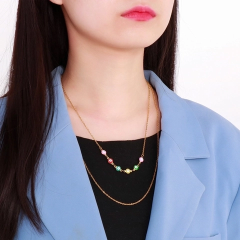 Collana Doppio Strato Malocchio Per Donna Acciaio Inossidabile Perline Smalto Colorato Gioielli Bohemian Catena