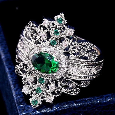 Vintage Palace Style Ring With Oval Green Zircon Hollow Filigree Copper Luxury Cocktail Jewelry For Women