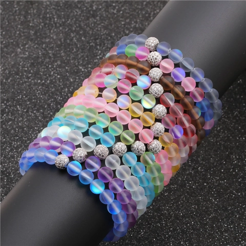 Bracciale Di Perline Pietra Di Luna Smerigliata Vetro Con Sfera In Rame E Zircone Elastico Alla Moda Unisex