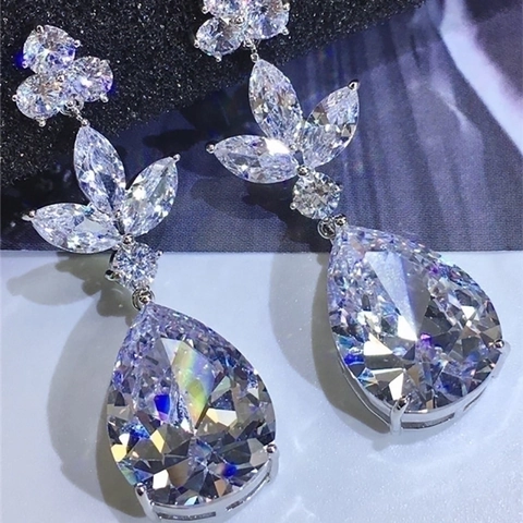 Orecchini Pendenti Di Lusso Con Zircone A Forma Di Pera E Lega Di Rame Design Fiore Foglia Gioielli Da Sposa Per Donna