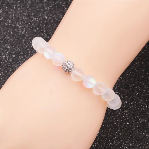 Bracciale Di Perline Pietra Di Luna Smerigliata Vetro Con Sfera In Rame E Zircone Elastico Alla Moda Unisex