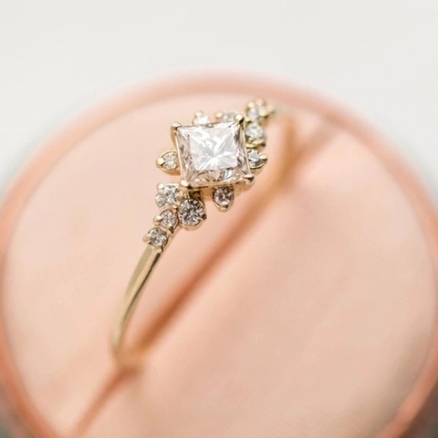 Princess Cut Square Zircon Ring Copper Gold Plated Cluster Inlaid Engagement Wedding Fashion Jewelry Gift For Women