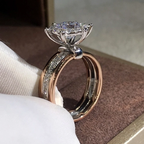 Round Zircon Engagement Ring Copper Two Tone Rose Gold Silver Plated Luxury Halo Stackable Bridal Rings For Women
